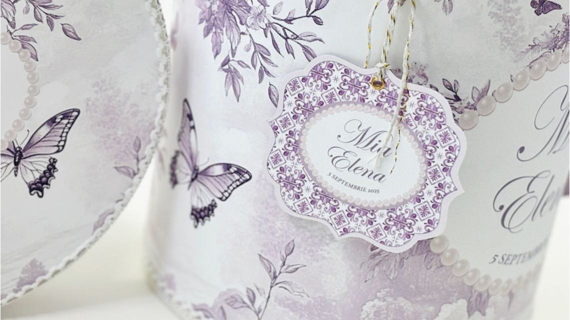 Trusou botez Purple Toile cu fluturi și flori mov personalizat 20